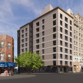 A rendering of the nine-story building at the corner of Bush Street and Grand Concourse.